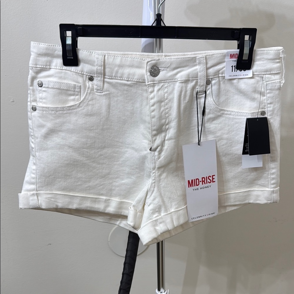 Celebrity Pink White Jean Shorts with Distressed Hem